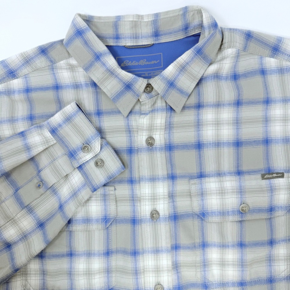 Eddie Bauer Mens XL Classic Fit Plaid Button Down Shirt Blue Grey Long Sleeve